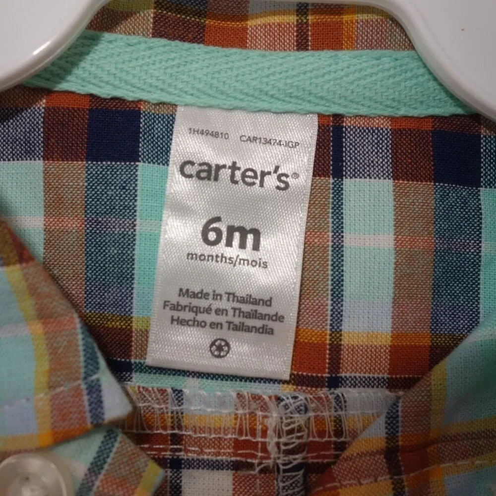 NEW Carter's 6 Month Blue Rust Plaid Button Up w/ Collar Romper Short Outfit
